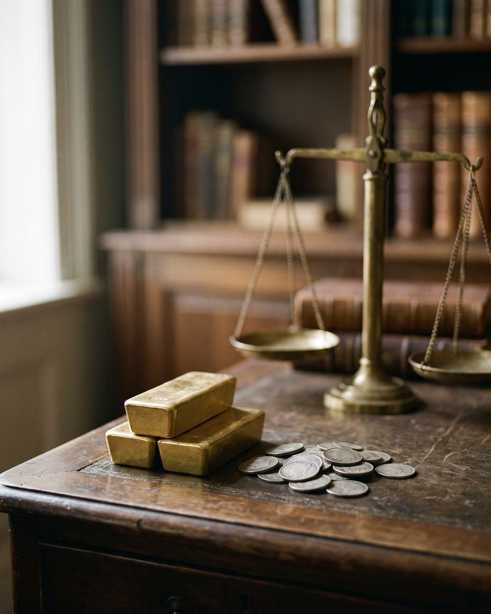 Goldbarren und Silbermünzen mit Balkenwaage in antiker Bibliothek